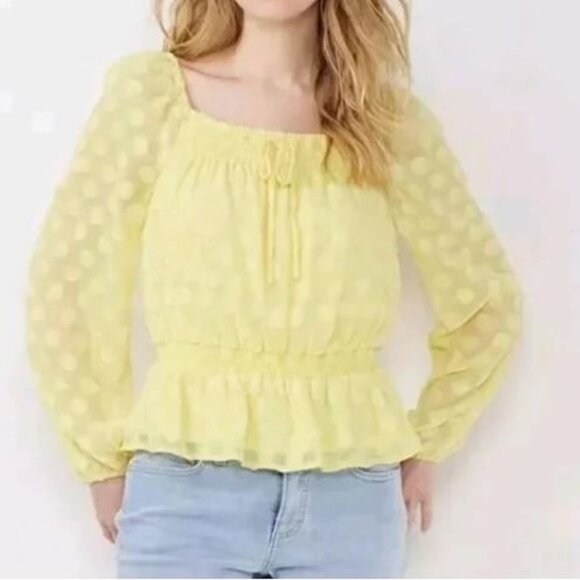 LC Lauren Conrad NWT Women's  Honey Yellow Peplum Swiss Dot Top Blouse - Size S - Picture 1 of 12